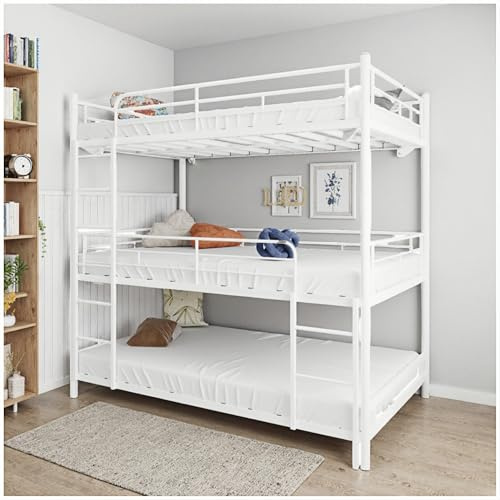 Wyibwy Litera de tres niveles 90 x 190 cm, con escalera integrada y laterales de protección continuos, cama de hierro, apta para niños, adolescentes o adultos (sin colchón) (blanco)