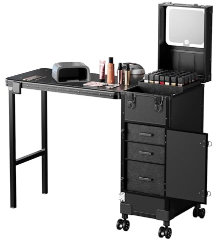 Joiemebi Table de Manucure Portable à roulettes 3 Tiroirs, Miroir LED, Organiseur, Trousse de Maquillage Voyage Verrouillable pour Technicien en Ongles, Poste de Travail, 71 x 38 x 109.5 cm