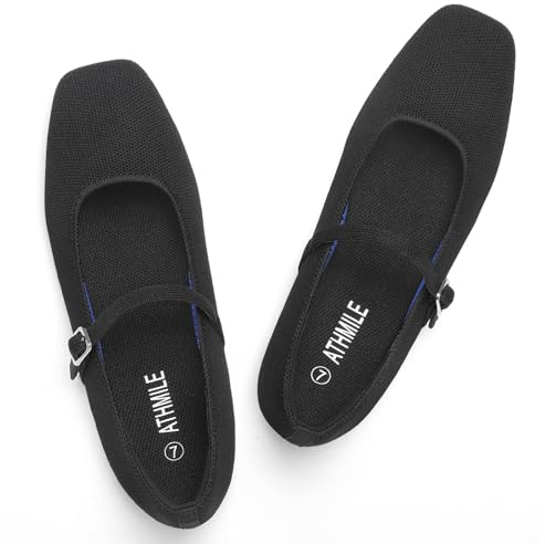 ATHMILE Square Toe Ballet Flats Mary Janes Shoes Women with Padded Heel & Adjustable Strap, Knit Slip-On Flats for Women for Office, Dressy & Casual, Machine Washable for Easy Care Black Size 8.5