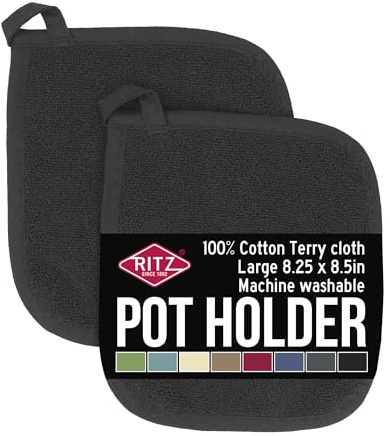 RITZ Terry Potholder & Hot Pad: Unparalleled Heat Resistant, Durable 100% Cotton – Ergonomically Designed for Optimal Grip – Easy-Care Machine Washable – 2-Pack, Black
