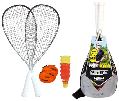 Talbot-Torro Speed-Badminton Premium-Set Speed 7700, 2 kraftvolle Graphit-Composite Rackets, 6 windstabile Federbälle, Court-Liniensystem zur Spielfeldmarkierung, im trendigen Rucksack, 490117