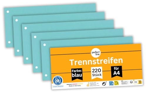 perfect line 220 Trennstreifen für Ordner A4, Register-Trenner, blaue Trenn-Blätter, Laschen für perfektes Trennen der DIN-A4 Ordner & Akten, Made in Germany