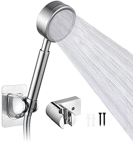 Ibergrif M20224-1 Soffione Doccia Soffione ad Alta Pressione con Tubo Doccia ca 1.8 m Staffa Doccia Regolabile, Doccia a Risparmio Idrico in Acciaio Inossidabile Universale per G1/ 2, Argento