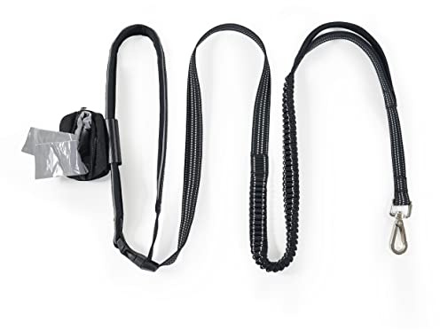 Rosewood Hands-Free Reflective Bungee Dog Lead, Black - Shock-Absorbing Running & Walking Leash with Poop Bag Holder, Adjustable Waist Belt for Active Pet Owners