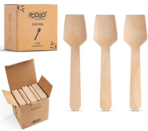 FOOGO Green 250pcs Disposable Wooden Dessert Spoons, FSC® Certified, 9.5cm Small Spade Shape Disposable Cutlery, for Icecreams Jelly Cakes, Sturdy Eco-Friendly Wooden Spoon, Like Bamboo Cutlery