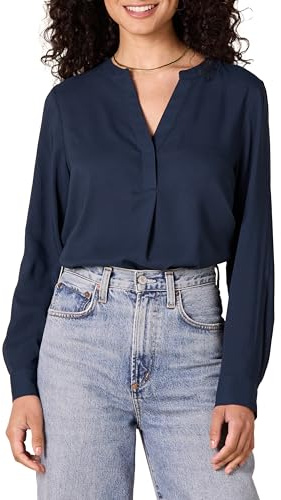 Amazon Essentials Chemisier à col boutonné, Textile Georgette, Manches Longues, Coupe décontractée Femme, Bleu Marine, XXL