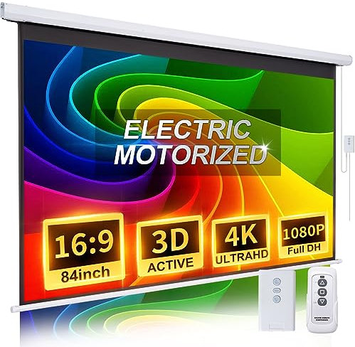 Schermo per proiettore motorizzato da 84 pollici 16:9 HD elettrico piccolo schermo per proiettore portatile con telecomando, schermi automatici per proiettori a parete montaggio a soffitto schermi