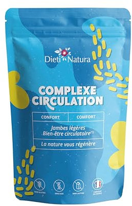 DIETI NATURA - Complexe Circulation - Circulation Sanguine Jambes - Jambes Légères - Vigne Rouge - Sans OGM, Sans Gluten & Sans Lactose - Fabriqué En France - 120 Gélules