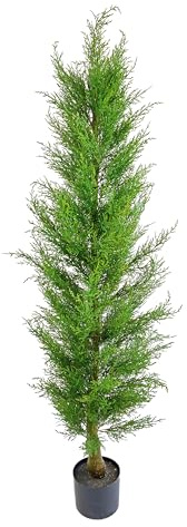 Konstgjorda växter för inomhusbruk, cypress, för utomhusbruk, av polypropen, grön, realistisk, med svart plastkruka för hem, trädgård och terrass (CIPRESSO cm 150)