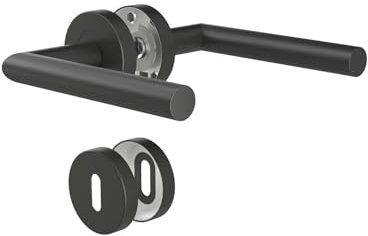 KeZaara Türgriffe Drückergarnitur 1 Paar, Türgriffe Innentüren Mattschwarz, Türklinke aus Edelstahl mit Gerundet Rosette Ø 52mm, Türbeschlag für Zimmertüren von 20mm bis 55mm, L-Form, BB - Buntbart