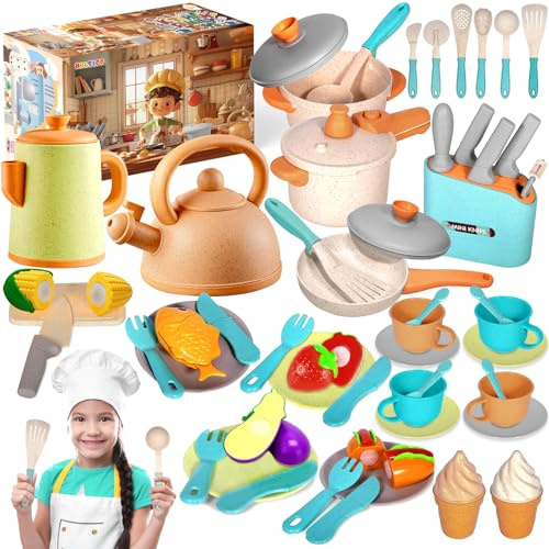 BBLTIFF Set Giocattoli da Cucina per Bambini 49 Pezzi - Accessori, Pentole e Padelle, Kit per Giochi di Ruolo - 3-6 Anni