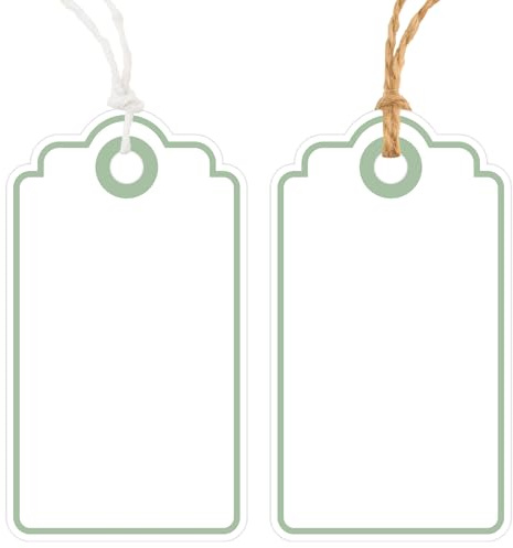 Anwyll Gift Tags with String - 100Pcs Green Gift Bag Tags Personalized White Blank Hanging Paper Label Tag for Baby Shower Birthday Party Wedding Christmas Favor Present