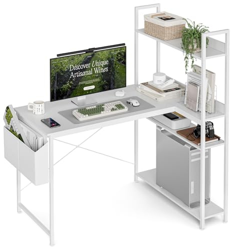 Grandder 120x80 cm L Shaped Gaming Desk with Reversible Storage Shelves, Computer Desk Home Office Corner Study Writing Table with Hutch, Study, White
