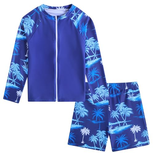 5-6Y Boys Long Sleeve Rash Guard Swimsuit Kid Water Sport Short Swimsuits UPF 50+ Sun Protection 2-Pieces Blue Palm Tree Zip Bathing Suits Set 5T 6T