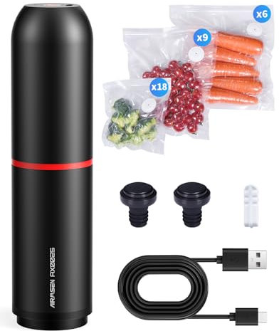 AIRMSEN Macchina per sottovuoto piccola, aspiratore a mano con 40 kPa, con 33 sacchetti sottovuoto e 2 tappi per vino, ideale per casa, viaggi, campeggio e conservazione degli alimenti
