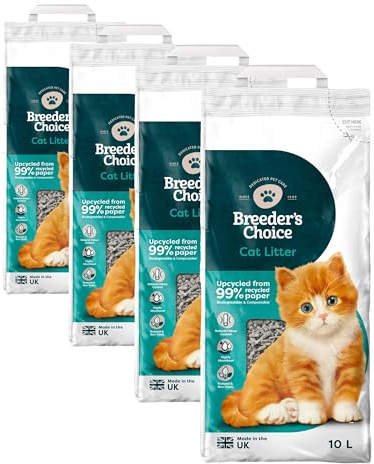Breeder Celect Natural Cat Litter (10L) - 99 percent Recycled Paper, Absorbent Cat Litter Pellets, Optimal Odor Control, Non-Clumping, Biodegradable & Compostable - Made in UK (Pack of 4)