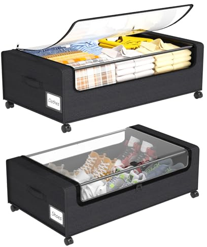 Under Bed Shoe Storage Organizer, 10 Inch Rolling Underbed Drawers for Clothes, Blankets, Winter Clothing & Shoes - Metal Frame Storage Bins with Handles, Dual Zippers, Clear Window 2 Pack Black