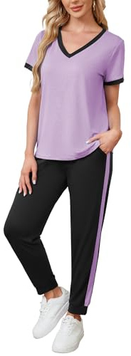 Famulily Women's Tracksuits Sets V Neck 2 Piece Outfits Ladies 2025 Summer Color Block Jogger Set with Pockets Purple L