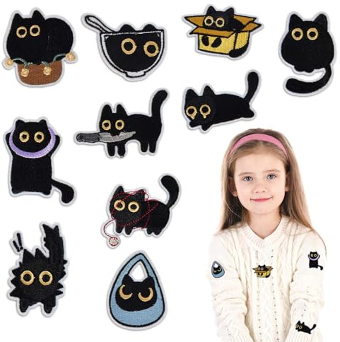 Parche Bordado Termoadhesivo, 10 Piezas Gato Arches de Negro para Planchar y Coser, Bordado Rodilleras Pantalones, para DIY Ropa Mochila Vaqueros