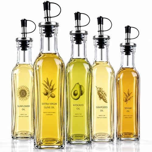 6 Pack Glass Oil Dispenser Bottles with Stainless Steel Pourers, 500ml Kitchen Oil & Vinegar Bottle Set, Leakproof Olive Dispenser for Cooking, Salad Dressing, Rapeseed, Sunflower Oil Storage