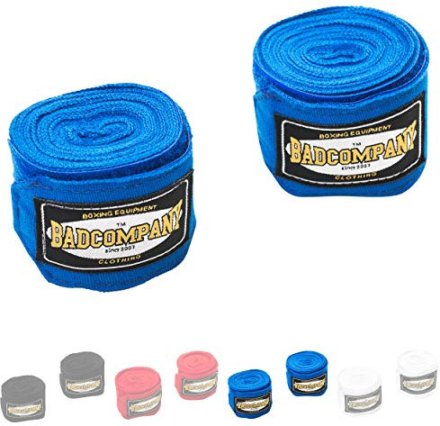 Bad Company Box-Bandagen I Elastische Handgelenksbandagen mit breitem Klettverschluss, Daumenschlaufe und Einer Wickelanleitung für das Boxtraining I Blau 2,5 m