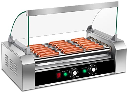 Giantex Hot Dog Roller Machine, 7 Non-Stick Rollers 18 Hot Dog Sausage Grill Cooker Machine with Removable Stainless Steel Drip Tray and Glass Hood Cover, Commercial Household Hot Dog Rotisserie