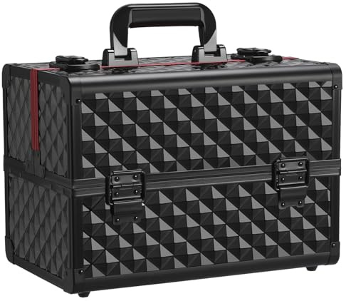 Yaheetech Large Cosmetic Case Professional Makeup Box Beauty Case Jewellry/Nail Polish Storage Box with Adjustable Dividers, Black/Red