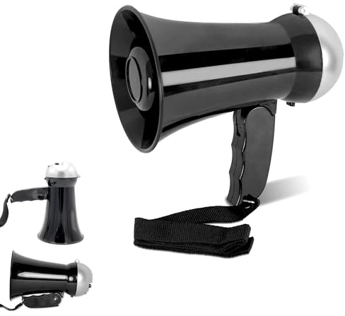 FISHTEC - Mini-Mégaphone Porte-Voix Compact, 95-105 DB, Sirène, ABS, Poignée Pliable, Cordon 35 cm, Portée 10-50 m, 6 Piles AA, Ø10x16,5x15 cm, Événements, Sports, Voyages