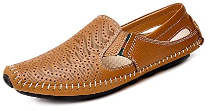 Mens Läder Kör Loafer Lättviktig Slip-On Perforerad Andas Vandring Båt Skor Platt Tofflor Utomhus Mockasin Brun 44/45 EU