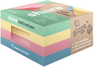 share Haftnotizblock – Klebezettel Block spendet eine Unterrichtsstunde für ein Schulkind – Blauer Engel zertifizierte Haftnotizen aus 100 % recyceltem Papier – in 4 Pastelltönen, Mittel