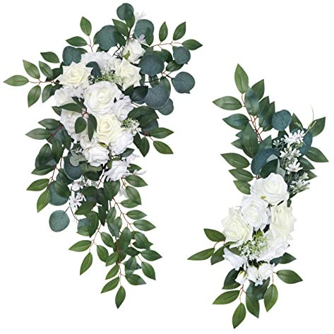 RNCOZE Künstliche Rosen Eukalyptus Hängegirlande, Hochzeitsbogen, Blumen-Set, handgefertigte Hochzeitsblumen für Zeremonie und Empfang, 2 Stück, Weiß, 7.9x19.7 inch+19.7x29.5 inch