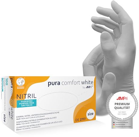 AMPri Nitrilhandschuhe, weiß, 100 Stück/Box, Größe XL, puderfrei, Puracomfort white: Nitril Einmalhandschuhe, Einweghandschuhe in den Größen XS, S, M, L, XL