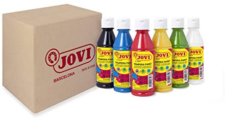 Jovi - Tempera Liquid, Box mit 6 Flaschen à 250 ml, Primärfarben, natürliche Inhaltsstofffarbe, leicht abwaschbar, glutenfrei, ideal für den Schulgebrauch (502/6A)