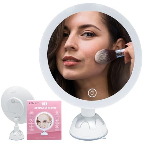 REMIR Vanity Mirror with Lights - 10X Magnifying Makeup Mirror with Suction Cup Base Mounts to Walls, Glass, Doors and Countertops - Smart Touch Control, 3 Dimmable Light Settings and 360 Swivel