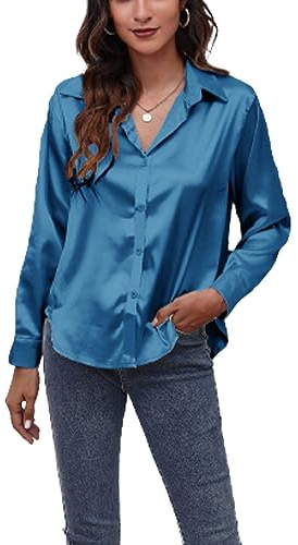BHUJIA Camisa de Seda de satén para Mujeres - Camisa de Botones de Manga Larga, Elegante y Casual - Talla XL, Color Azul