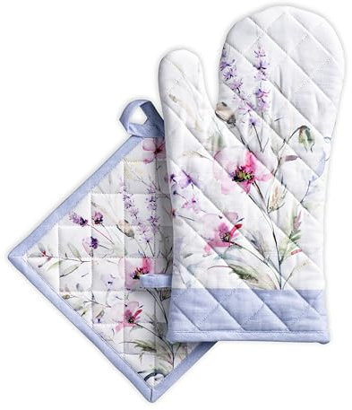 Maison d' Hermine Lot de gants de four (19 x 33 cm) et maniques (20 x 20 cm) en 100 % coton, résistants à la chaleur, pour cadeau de fête des mères, barbecue, cuisine, pâtisserie, barbecue, fleurs