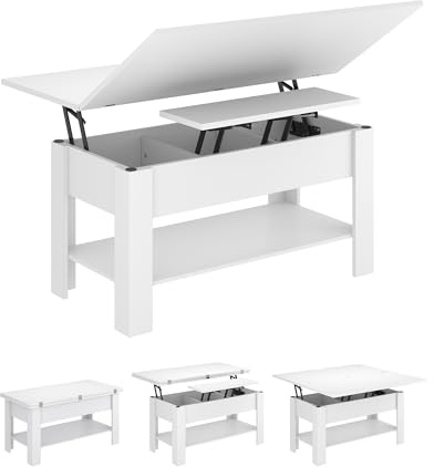 Couchtisch Höhenverstellbar, 3-in-1-Multifunktions-Wohnzimmertisch, Kaffeetisch, Versteckter Aufbewahrung, Offenes Fach, Als Esstisch nutzbar, für Wohnzimmer, Büro, Weiß