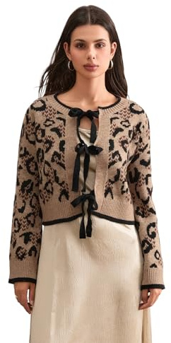 Himllauen Cardigan décontracté en tricot pour femme pour l'automne et l'hiver imprimé léopard côtelé doux ample manches longues fermeture à nouer sur le devant pulls d'automne streetwear vêtements