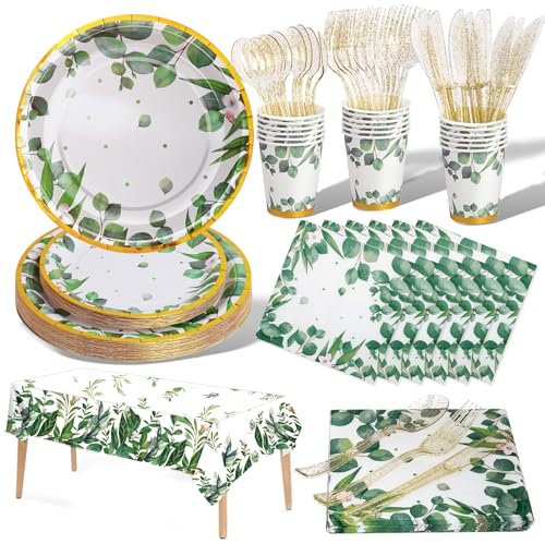 Nkaiso Sage Green 141-Piece Party Supplies Set for 20 Guests: Paper Plates, Napkins, Cups, Cutlery, Tablecloth - Floral Design, Food-Grade, Recyclable, Suitable for All Occasions
