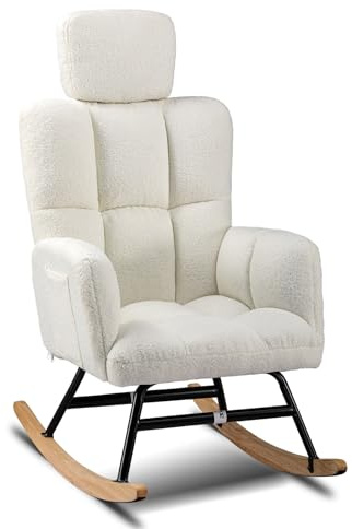 COMHOMA Poltrona a dondolo, poltrona relax con braccioli Poggiatesta in peluche felpato, portata massima 150 kg, sedia a sdraio da giardino per camera da letto, soggiorno, beige