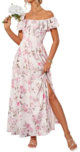 GRACE KARIN Women Summer Maxi Dress Casual Floral Wedding Guest Dresses A-line Split Square Neck Sundress with Pockets Rose Floral M