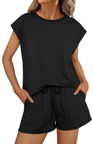 XFSRG 2 Piezas Chandal Mujer Verano Camiseta Manga Corta y Pantalón Corto Deportivo Casual Conjunto con Bolsillos para Fitness Running Jogging(Negro/L)