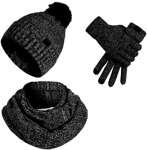 Enwokran Dam vinter mössa halsduk handskar set 3 delar, pom pom hatt med varm fleece fodrad lång stickad halsduk pekskärm handskar 3 i 1 set, Svart, one size