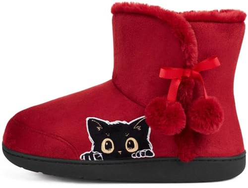GURGER Hausschuhe Stiefel Damen Winter Plüsch Gefüttert Hausstiefel Warm Hoch Hüttenschuhe Süßer Cartoon Stickerei Katze, Rot Größe 42 43