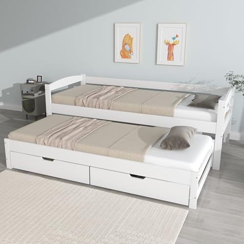 Crlnaup Cama individual y doble, cama deslizante con ruedas inferiores, con 2 cajones de MDF, marco de madera maciza, blanco (200 x 90 cm/190 x 90 cm)