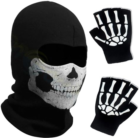 YONEEKSS Ghost Mask, Skull Balaclava with Fingerless Gloves, Full Face Bike Skateboard Ski Costume, Scary Halloween Cosplay Costume Accessory for Adult Black