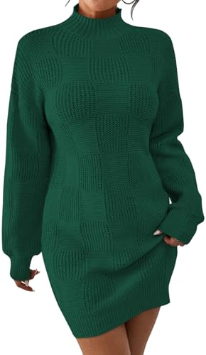 Pink Queen Women's Autumn Long Balloon Sleeve Knit Dress Winter High Neck Warm Dress Empire Waist Evening Out Pullover Mini Sweater Dresses Dark Green S