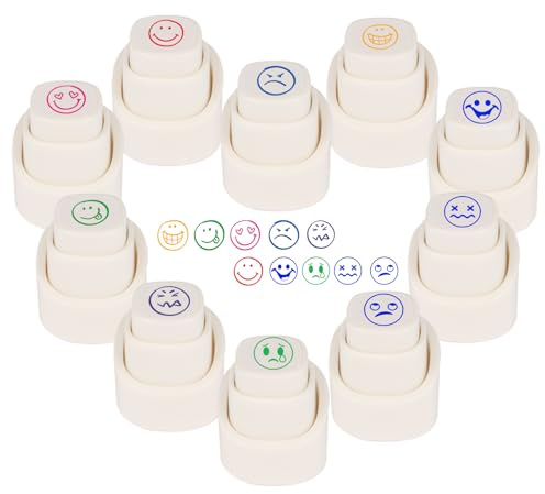 Emotion Face Planner Stamps Set of 10 - Button-Type Flash Stamps with Easy-Grip Stamper & Hang Rope for Journaling and Book Annotation