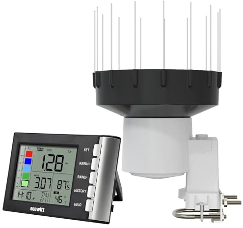 ECOWITT WH5370H - Pluviómetro digital inalámbrico (con termómetro), depósito de recogida de lluvia autodrenante de alta precisión con diseño de embudo mejorado de 3,5 cm para monitoreo de lluvia en