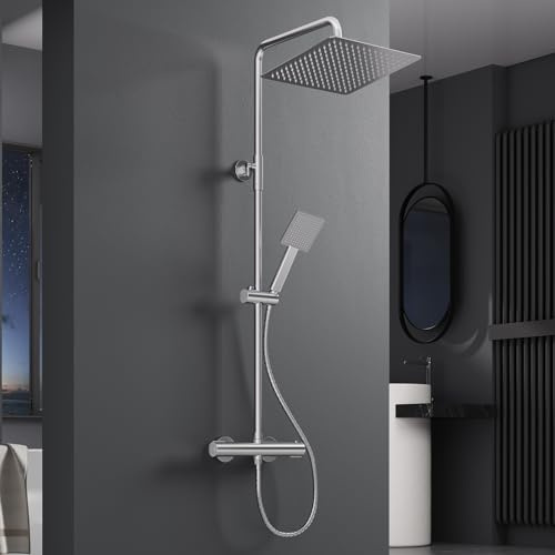 Colonne de Douche avec Mitigeur Thermostatique, Kit Douche Pluie Acier Inoxydable 304, Ciel 30x30 cm, Barre Réglable 88-125 cm, Adaptable aux Perçages, Douchette avec Flexible Anti-fuite, Chromé